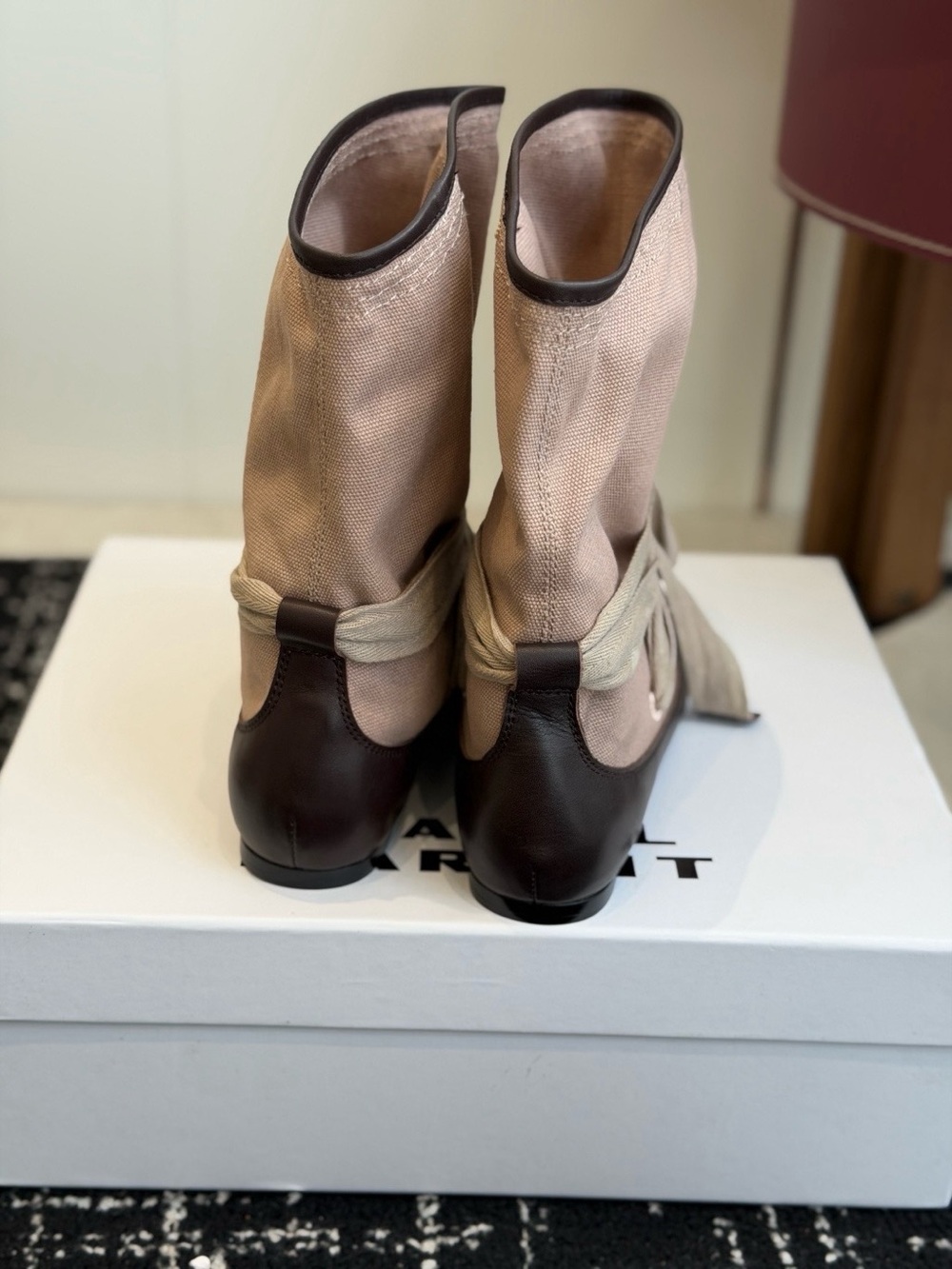 Isabel Marant Two-Tone Beige Canvas and Dark Brown Leather Ankle Wrap Boots - Picture 7 of 8
